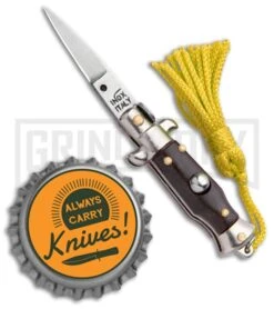Italian Stiletto Brown Automatic Knife Yellow Keychain - Flat Grind -Kershaw Store SKM Italian Stiletto Keychain Auto Brown Yellow Satin BHQ 102941 jr bottlecap large
