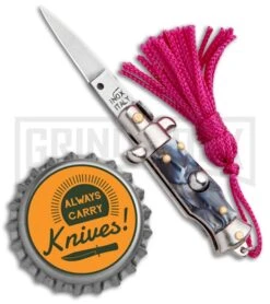 Italian Stiletto Gray Marble Automatic Knife Pink Keychain - Flat Grind -Kershaw Store SKM Italian Stiletto Keychain Auto Marble Pink Satin BHQ 102938 jr bottlecap large
