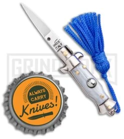 Italian Stiletto Gray Automatic Knife Blue Keychain - Flat Grind -Kershaw Store SKM Italian Stiletto Keychain Auto Silver Blue Satin BHQ 102946 jr bottlecap large