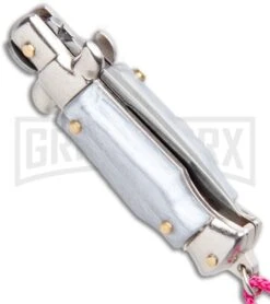 SKM Italian Stiletto Gray Automatic Knife Pink Keychain - Flat Grind -Kershaw Store SKM Italian Stiletto Keychain Auto Silver Pink Satin BHQ 102939 jr side large