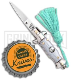 Italian Stiletto Gray Automatic Knife Teal Keychain - Flat Grind -Kershaw Store SKM Italian Stiletto Keychain Auto Silver Teal Satin BHQ 102942 jr bottlecap large