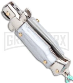 Italian Stiletto Gray Automatic Knife Teal Keychain - Flat Grind -Kershaw Store SKM Italian Stiletto Keychain Auto Silver Teal Satin BHQ 102942 jr side large