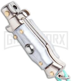 Italian Stiletto Gray Automatic Knife Teal Keychain - Flat Grind -Kershaw Store SKM Italian Stiletto Keychain Auto Silver Teal Satin BHQ 102942 jr spine large