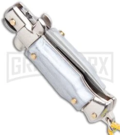 Italian Stiletto Gray Automatic Knife Yellow Keychain - Flat Grind 8 Italian Stiletto Gray Automatic Knife Yellow Keychain - Flat Grind -Kershaw Store SKM Italian Stiletto Keychain Auto Silver Yellow Satin BHQ 102940 jr side large