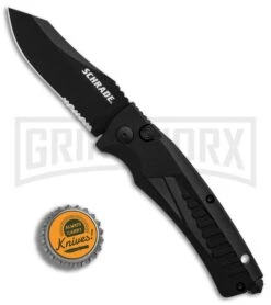 Schrade SC90BS Black Aluminum Automatic Knife - Black Serr -Kershaw Store Schrade SC90 Black Aluminum Black Serr BHQ 34170 er bottlecap large