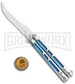 Silver/Blue Inlay Balisong Butterfly Knife - Satin Plain -Kershaw Store Silver Blue Inlay Balisong Satin GX 37631 jr bottlecap large