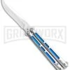 Silver/Blue Inlay Balisong Butterfly Knife - Satin Plain 2 Silver/Blue Inlay Balisong Butterfly Knife - Satin Plain -Kershaw Store Silver Blue Inlay Balisong Satin GX 37631 jr large