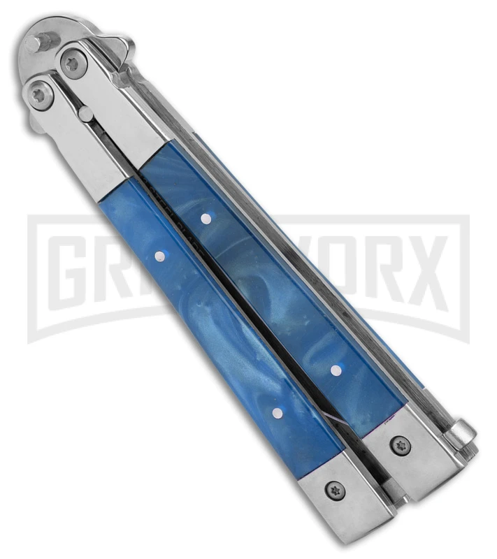 Blue Balisong Bayonet Butterfly Knife - Satin Plain 5 Blue Balisong Bayonet Butterfly Knife - Satin Plain - Image 3