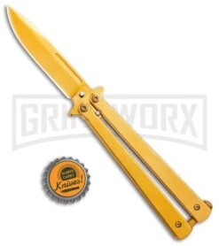 Skipper Gold Balisong Aluminum Butterfly Knife Clip Point (Gold Plain) -Kershaw Store Skipper Gold Balisong Butterfly Knife GX 37962 td size large
