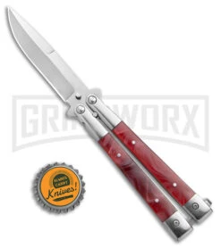 Skipper Red Swirl Balisong Aluminum Butterfly Knife - Drop Point Satin Plain -Kershaw Store Skipper Red Swirl Balisong Aluminum Butterfly DP Satin BHQ 177243 jr bottlecap large