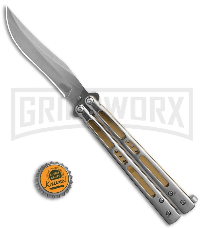 Boss Butterfly Knife Stainless Steel Gold Liners - Gray Plain 6 Boss Butterfly Knife Stainless Steel Gold Liners - Gray Plain - Image 4