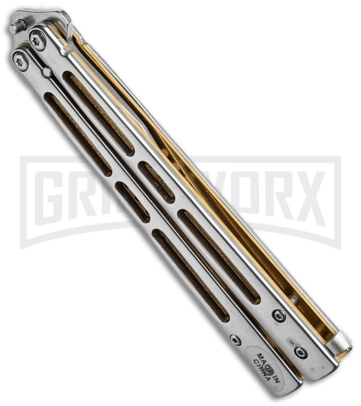Boss Butterfly Knife Stainless Steel Gold Liners - Gray Plain 4 Boss Butterfly Knife Stainless Steel Gold Liners - Gray Plain - Image 2