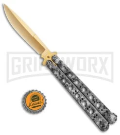 Stone Pattern Balisong Butterfly Knife (4.25" Gold) -Kershaw Store Stone Pattern Balisong Butterfly Gold GX 37520 jr bottlecap large