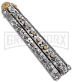 Stone Pattern Balisong Butterfly Knife (4.25" Gold) -Kershaw Store Stone Pattern Balisong Butterfly Gold GX 37520 jr side large