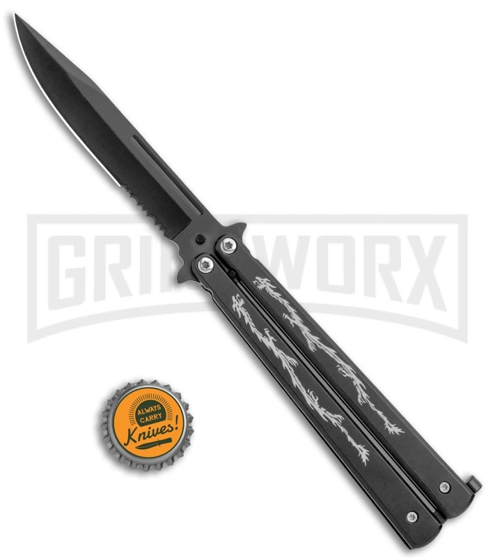 Super Knife Black Balisong Butterfly Knife Dragon - Black Serr 6 Super Knife Black Balisong Butterfly Knife Dragon - Black Serr - Image 4