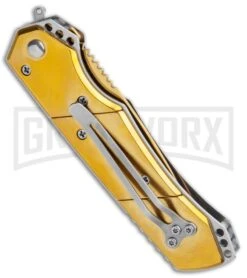 Super Knife Croc Automatic Knife Gold W/ Blue Inlay - Gold Serr -Kershaw Store Super Knife Croc Auto Stainless Gold Blue Serr GX 35767 jr side large