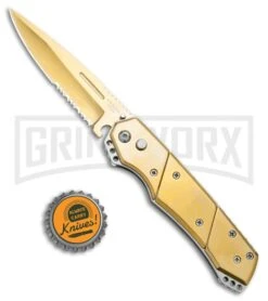 Super Knife Croc Automatic Knife Stainless Gold W/ Gold Inlay - Gold Serr -Kershaw Store Super Knife Croc Auto Stainless Gold Gold Inlay Gold Serr GX 34967 jr bottlecap large