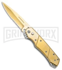 Super Knife Croc Automatic Knife Stainless Gold W/ Gold Inlay - Gold Serr