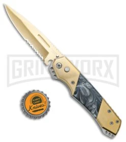 Super Knife Croc Automatic Knife Stainless Gold W/ Black Inlay - Gold Serr -Kershaw Store Super Knife Croc Auto Stainless Gold black Inlay Gold Serr GX 34966 jr bottlecap large