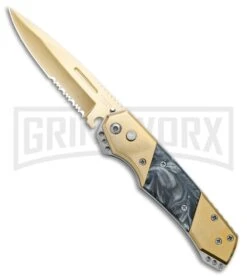 Super Knife Croc Automatic Knife Stainless Gold W/ Black Inlay - Gold Serr