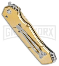 Super Knife Croc Automatic Knife Stainless Gold W/ Black Inlay - Gold Serr -Kershaw Store Super Knife Croc Auto Stainless Gold black Inlay Gold Serr GX 34966 jr side large