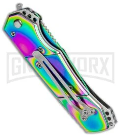 Super Knife Croc Automatic Knife Stainless Rainbow W/ White Inlay - Rainbow Serr -Kershaw Store Super Knife Croc Auto Stainless Rainbow White Spectrum Serr GX 35780 jr side large