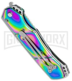Super Knife Croc Automatic Knife Stainless Rainbow W/ Black Inlay - Rainbow Serr -Kershaw Store Super Knife Crock Auto Stainless Rainbow Black Spectrum Serr GX 35770 jr side large