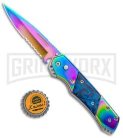 Super Knife Croc Automatic Knife Stainless Rainbow W/ Blue Inlay - Rainbow Serr -Kershaw Store Super Knife Crock Auto Stainless Rainbow Blue Spectrum Serr GX 35763 jr bottlecap large