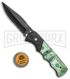 Super Knife Dingo Money Print Automatic Knife - Black Serr -Kershaw Store Super Knife Dingo Money Print Auto Black Serr GX 35773 jr bottlecap large