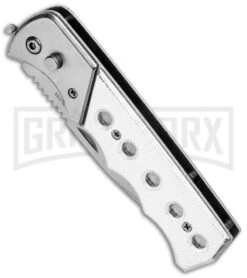 Super Knife Dingo Silver Holes Marble Acrylic Automatic Knife - Satin Serr -Kershaw Store Super Knife Dingo Silver Holes Marble Acrylic Satin Serr GA623SLD GX 33491 jr spine large