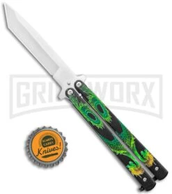Super Knife Black Balisong Butterfly Knife Green Dragon - Tanto Satin -Kershaw Store Super Knife Green Balisong Butterfly Dragon Tanto Satin 1109GN GX 36801 jr bottlecap large