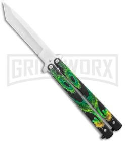 Super Knife Black Balisong Butterfly Knife Green Dragon - Tanto Satin