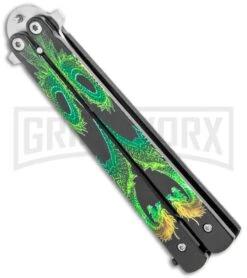 Super Knife Black Balisong Butterfly Knife Green Dragon - Tanto Satin -Kershaw Store Super Knife Green Balisong Butterfly Dragon Tanto Satin 1109GN GX 36801 jr side large