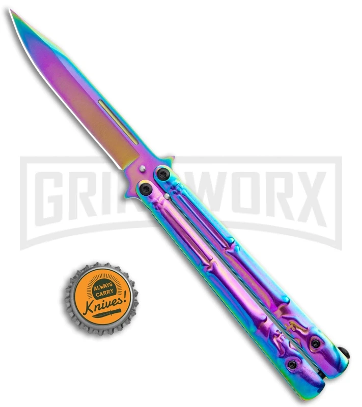 Super Knife Rainbow Balisong Butterfly Knife Skull/Bones - Rainbow Serr 6 Super Knife Rainbow Balisong Butterfly Knife Skull/Bones - Rainbow Serr - Image 4