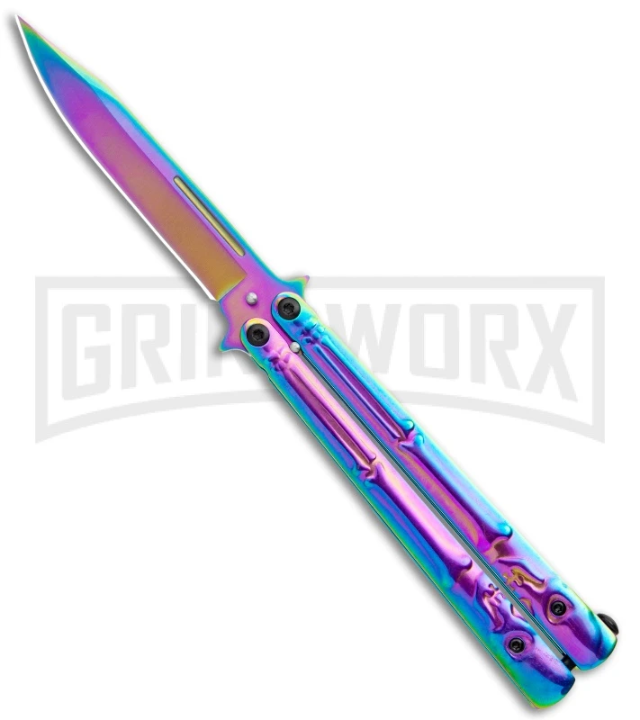 Super Knife Rainbow Balisong Butterfly Knife Skull/Bones - Rainbow Serr 3 Super Knife Rainbow Balisong Butterfly Knife Skull/Bones - Rainbow Serr
