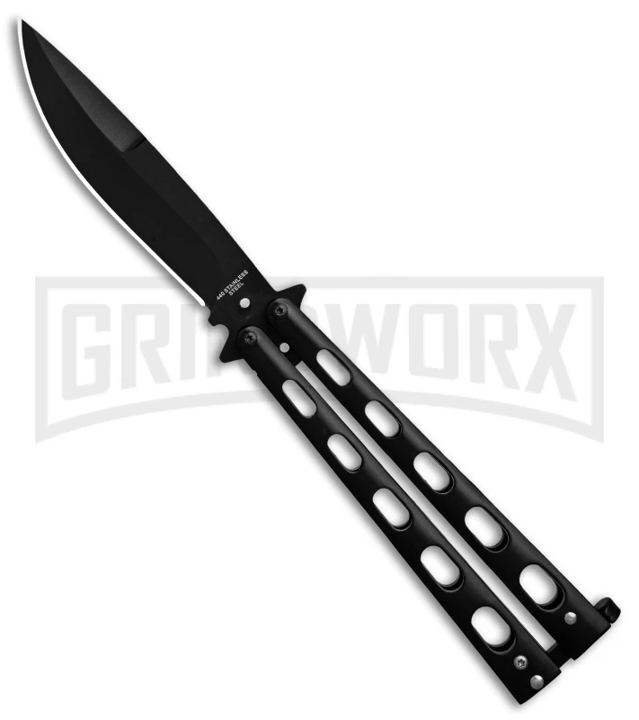 Super Knife Sleek Slinger Black Balisong Butterfly Knife - Black Plain 3 Super Knife Sleek Slinger Black Balisong Butterfly Knife - Black Plain