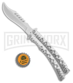 Swift 9" Silver Persian Balisong Coated Butterfly Knife - Polished -Kershaw Store Swift Silver Persian Balisong Coated Butterfly Satin GX 39595 jr bottlecap large