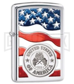 Zippo Lighter American Stamp On Flag - High Polish Chrome 4TH18
