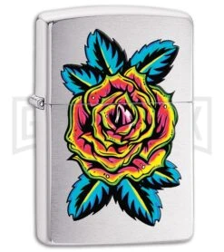 Zippo Lighter Flower Tattoo - Brushed Chrome