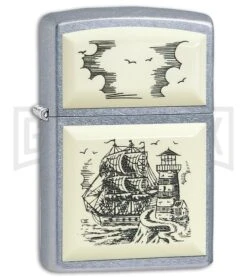 Zippo Lighter Scrimshaw Ship - Brushed Chrome