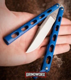 Bear And Son Knives 114 Blue Balisong Butterfly Knife - Satin Plain 4TH18 -Kershaw Store bear and son butterfly knife blue zinc bp large