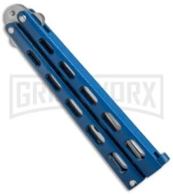 Bear And Son Knives 114 Blue Balisong Trainer Butterfly Knife - Satin Plain -Kershaw Store bearson 5in blue trainer 114bltr BHQ 36773 dl side large