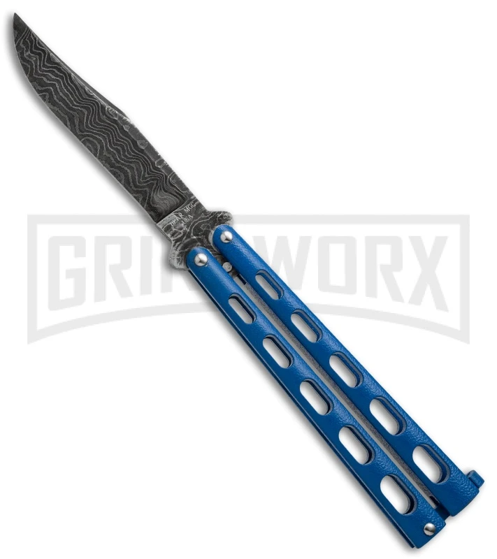 Bear And Son Knives Blue Balisong Butterfly Knife - Damascus Plain 3 Bear And Son Knives Blue Balisong Butterfly Knife - Damascus Plain