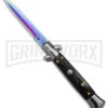 9" Anomaly Stiletto Black Pearlex Automatic Knife - Rainbow Damascus Bayo