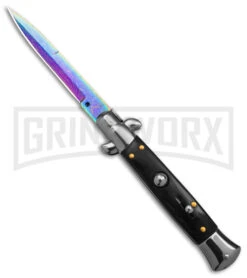 9" Anomaly Stiletto Black Pearlex Automatic Knife - Rainbow Damascus Bayo