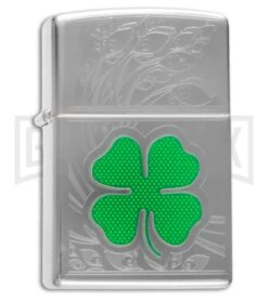 Zippo Lighter Clover + Decorative Etching - High Polish Chrome