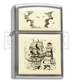 Zippo Lighter Scrimshaw Ship - High Polish Chrome